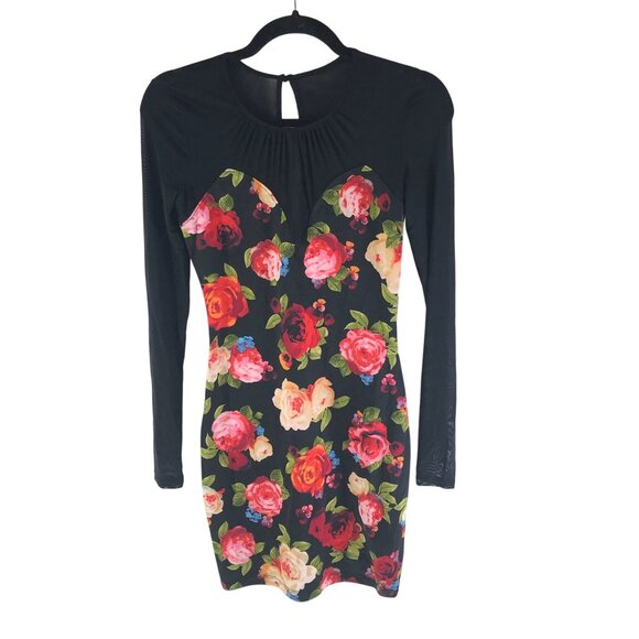 Guess Bodycon Dress Long Sleeve Mesh Sweetheart Neckline Floral Pink Black XS - Picture 1 of 4